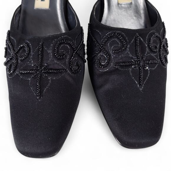 Vintage Y2K Bisou Bisou Black Beaded Kitten Heel Mules Slip-On Evening Shoes 7.5 - Picture 10 of 12